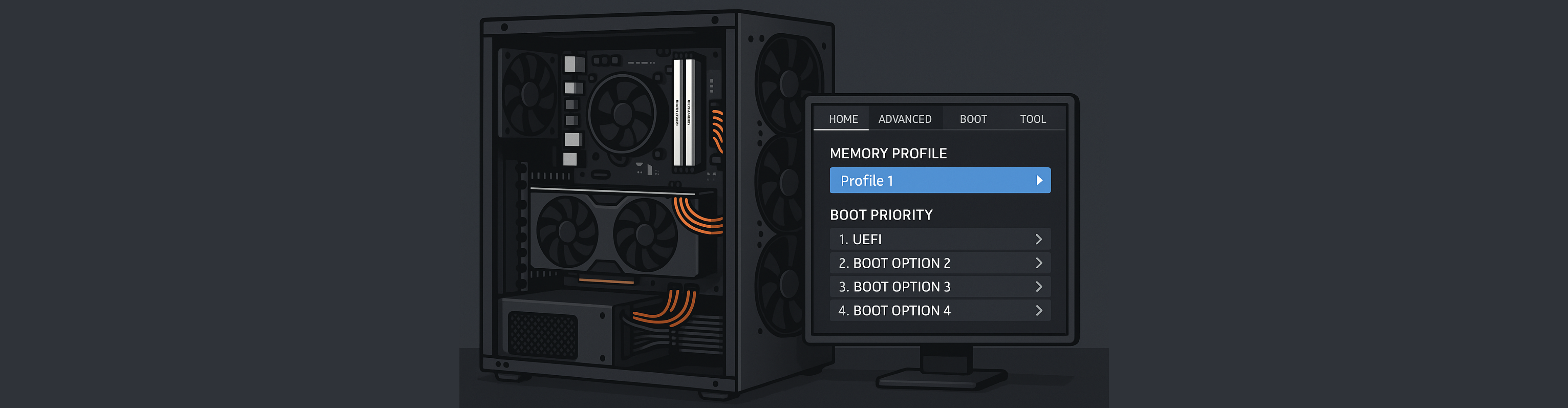 BIOS screen showing memory profile and boot options